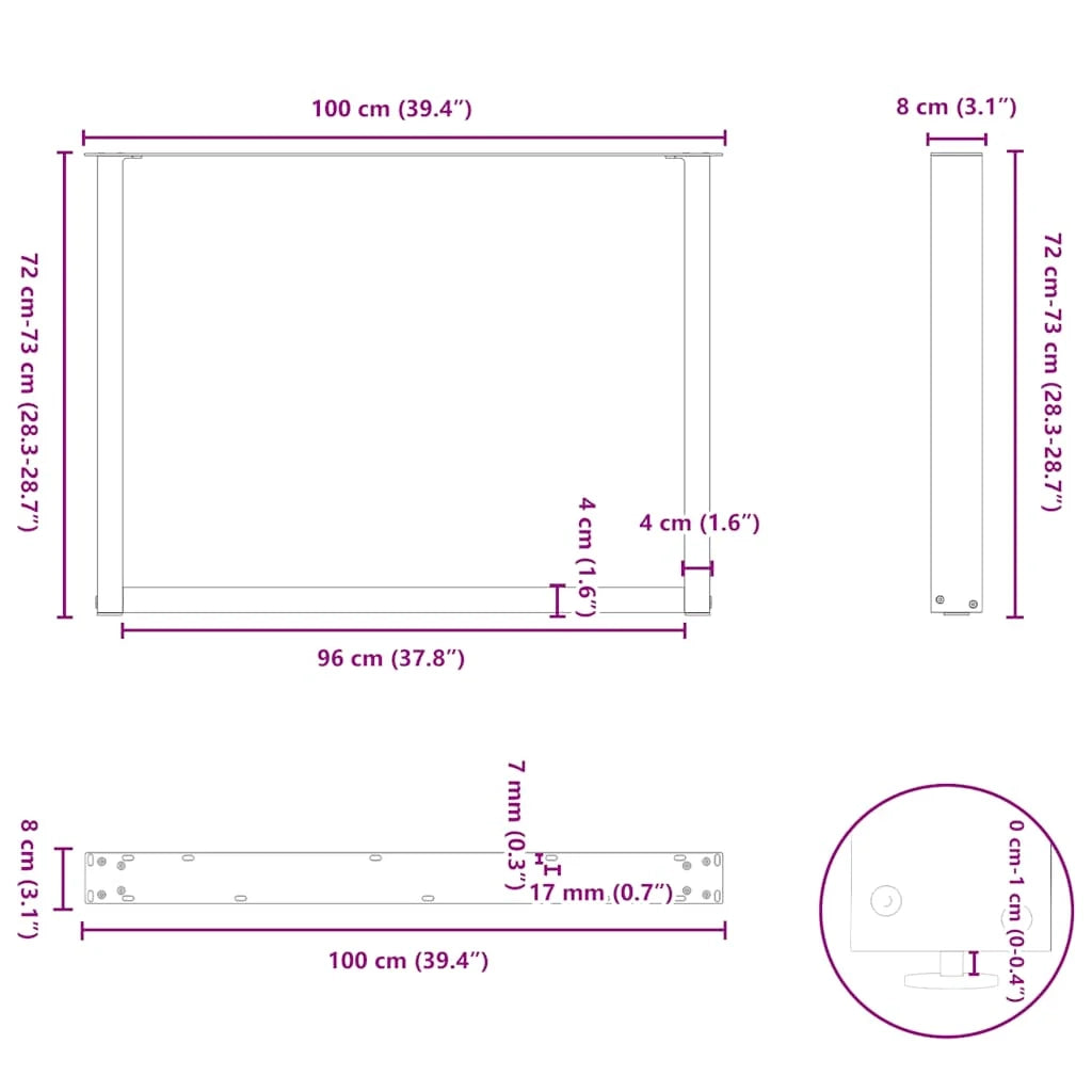 Set di 2 gambe per tavolo da pranzo a forma di U 100 x 72-73 cm design moderno con piedini regolabili acciaio bianco 02_0057437