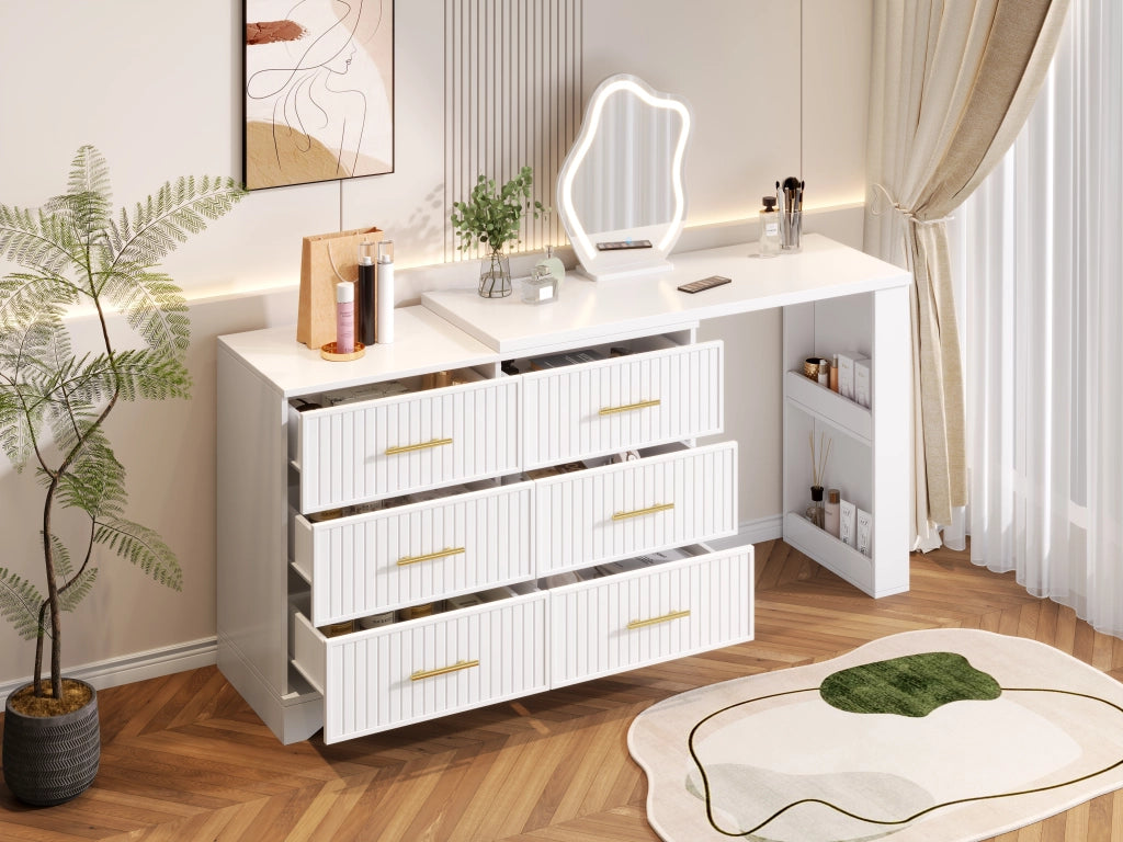 Toeletta girevole con specchio LED, design a L, bianco e oro, 110¡Á40¡Á129 cm