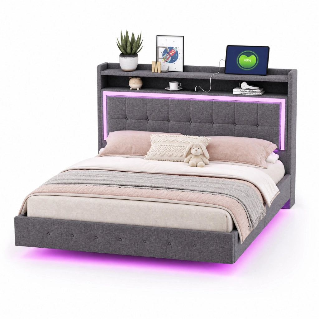 Letto imbottito 140x200 cm grigio in tessuto con USB e luci LED