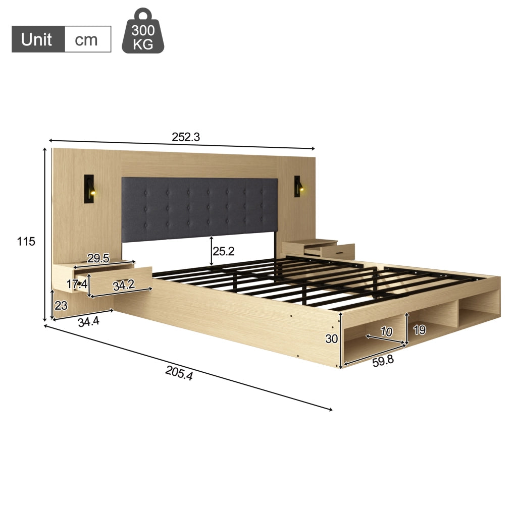 Letto matrimoniale contenitore 180x200 cm con USB Type-C; lampade e comodini; rovere chiaro