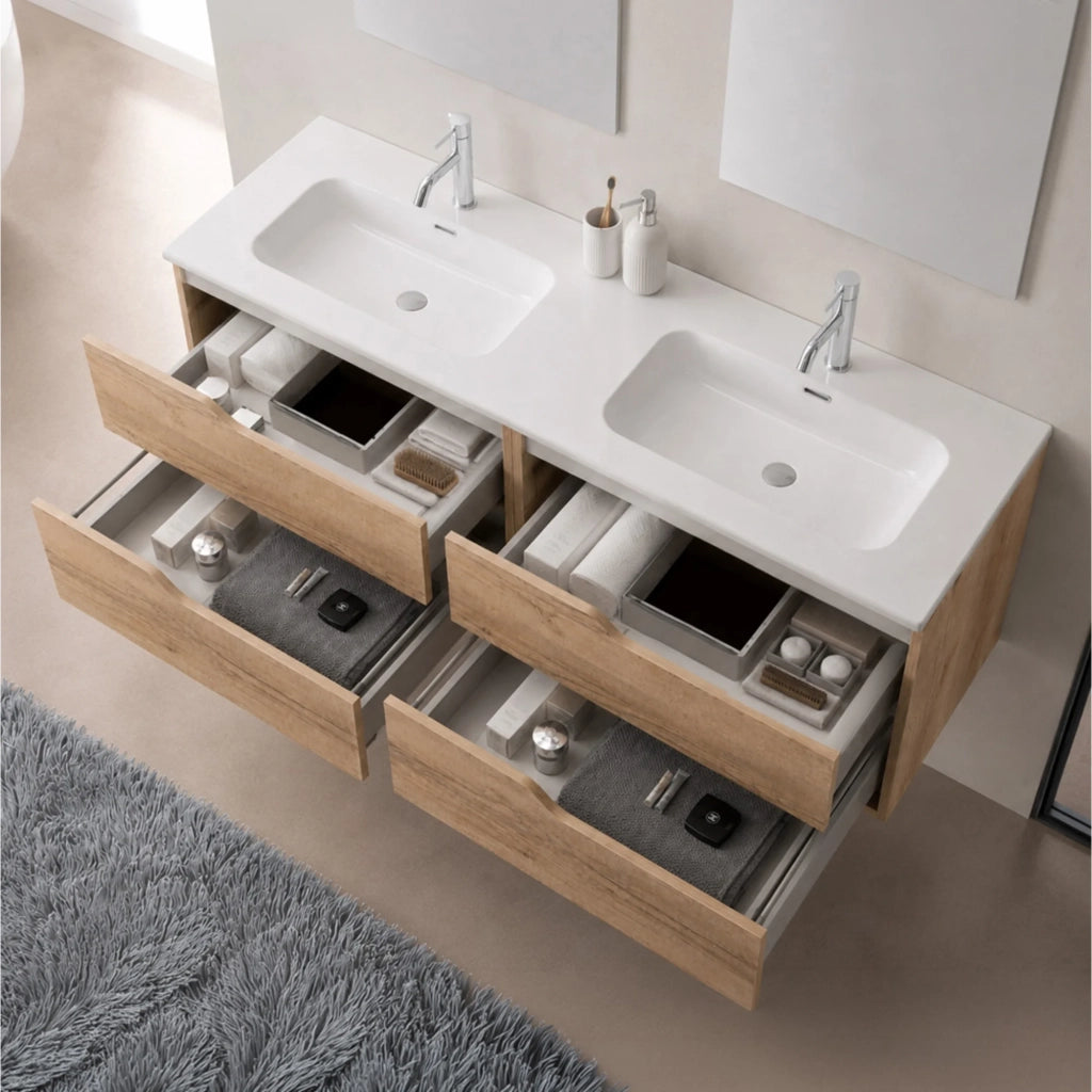 Mobile bagno sospeso 120 cm quercia e bianco due cassetti e doppia vasca Sumya