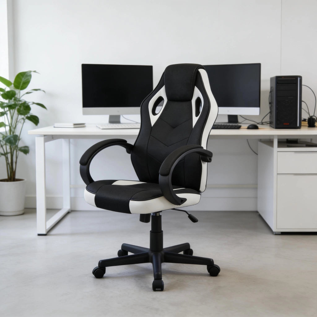 Sedia da ufficio gaming con braccioli, schienale alto e altezza regolabile, in rete e PU, Nero Bianco