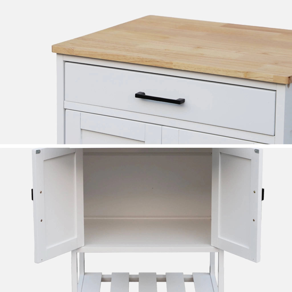 Carrello da cucina in legno di gomma con 2 ripiani, 56cm , bianco