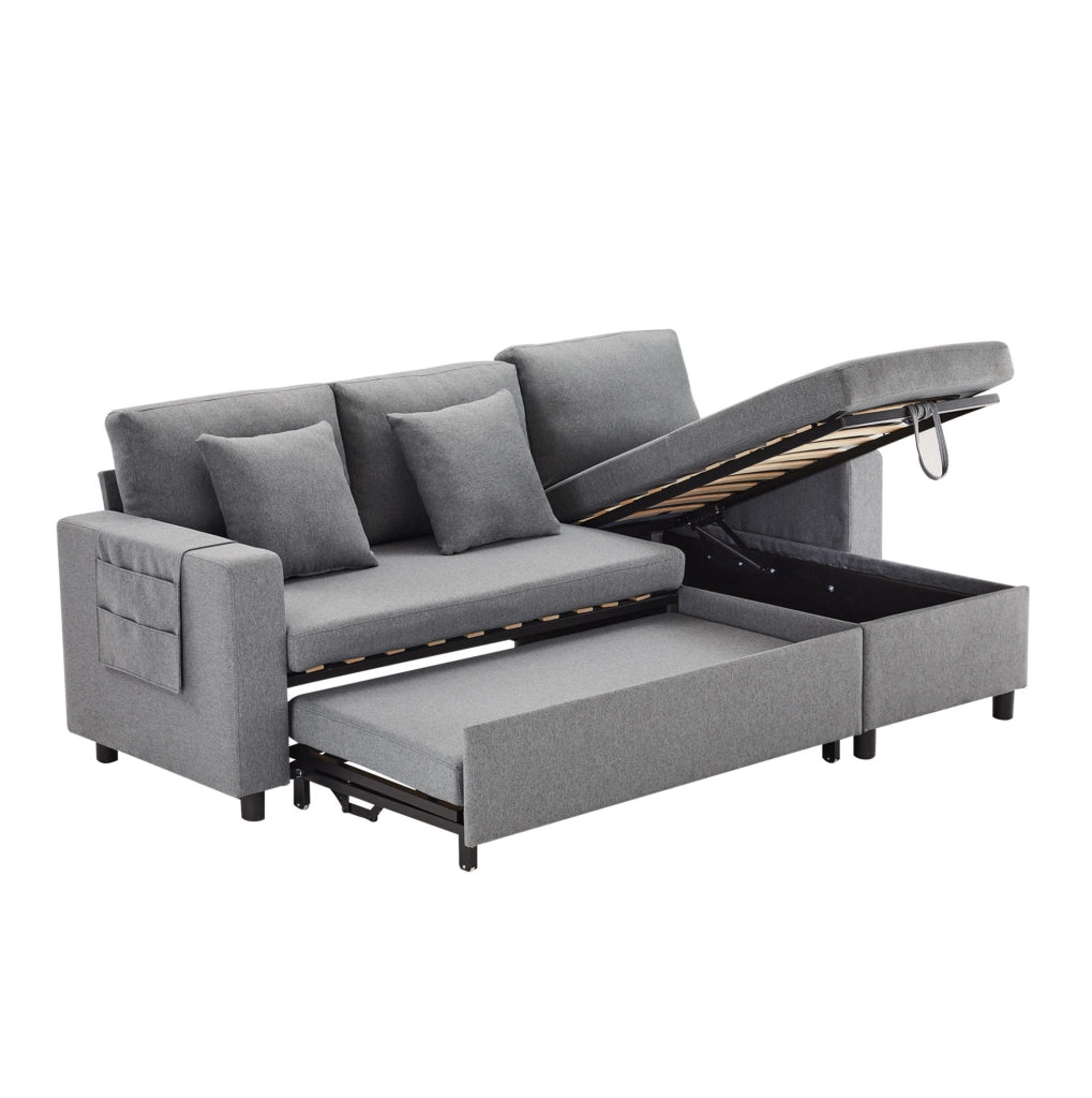 Divano letto 219.5x142.5x83 cm con contenitore; chaise longue reversibile in lino grigio scuro