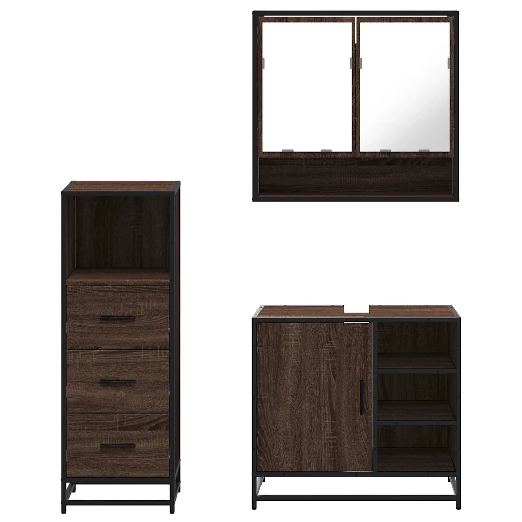 Set Mobili da Bagno 3 pz Rovere Marrone in Legno Multistrato