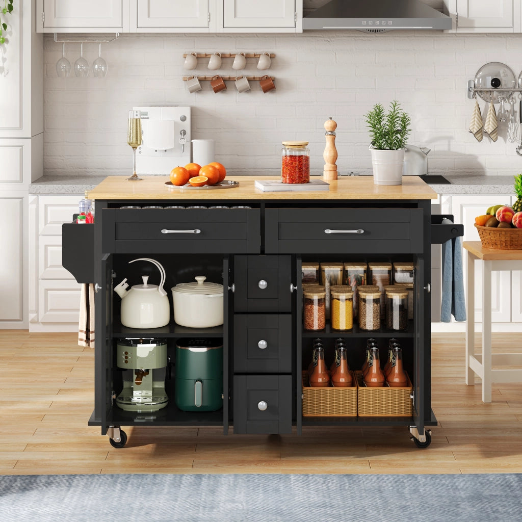 Carrello da Cucina con 5 Cassetti; 2 Armadietti; Piano Pieghevole e Ruote; MDF; Nero Naturale; 140 x 40 x 89 cm