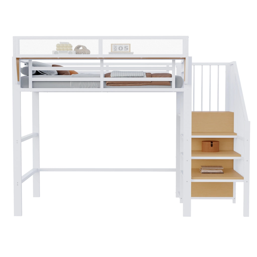 Letto a soppalco 90x200 cm in metallo e MDF con scala di sicurezza; bianco