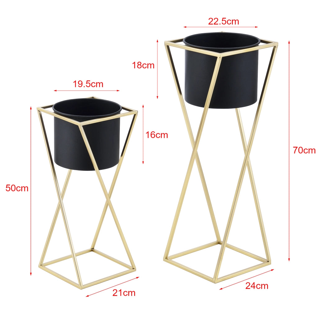 Set di 2 Portavasi in Metallo Supporto in Color Oro per Piante in 2 Altezze Diverse con Coprivaso Rotondo Nero 2 Portafiori di Design