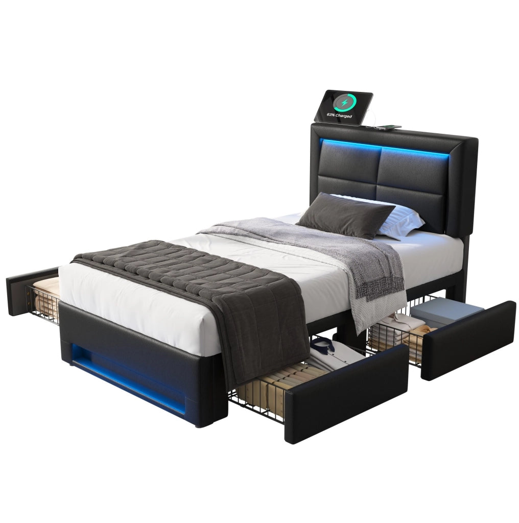 Letto singolo imbottito 90x190 cm con LED, USB e 4 cassetti
