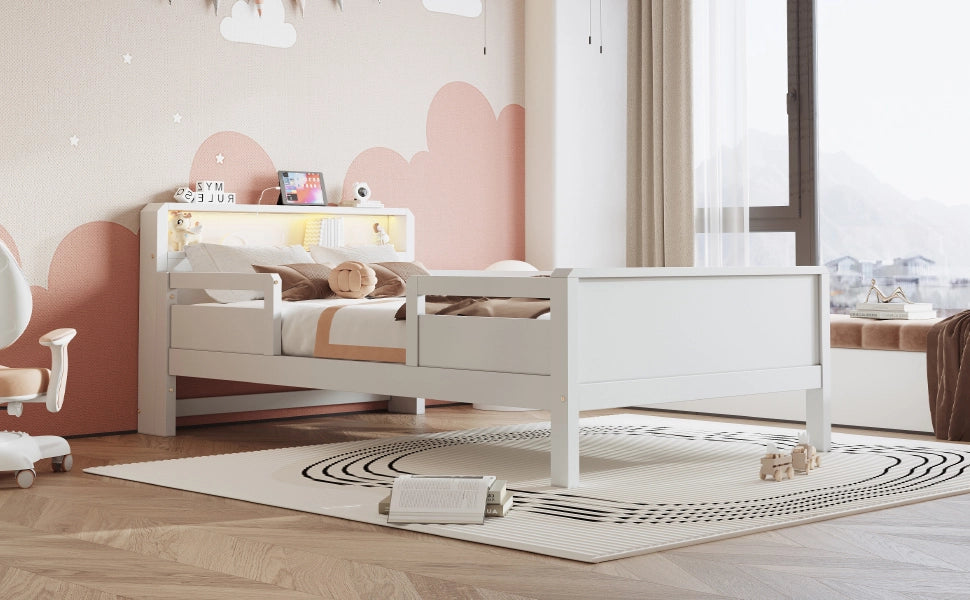 Letto per bambini 90 × 200 cm con luce LED, presa USB e Type-C, testiera con ripiano, senza materasso, bianco