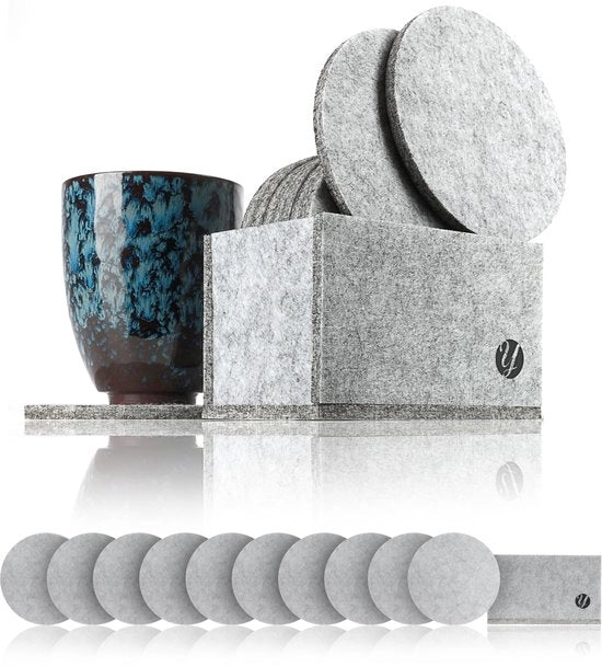 Set di 10 sottopiani rotondi in vilt inclusivo di scatola di conservazione per bicchieri, tazze, mok, flaconi, candele - Grigio chiaro/Grigio scuro, sottopiani in vilt per bevande, assorbenti per birra, tappeti da tavolo