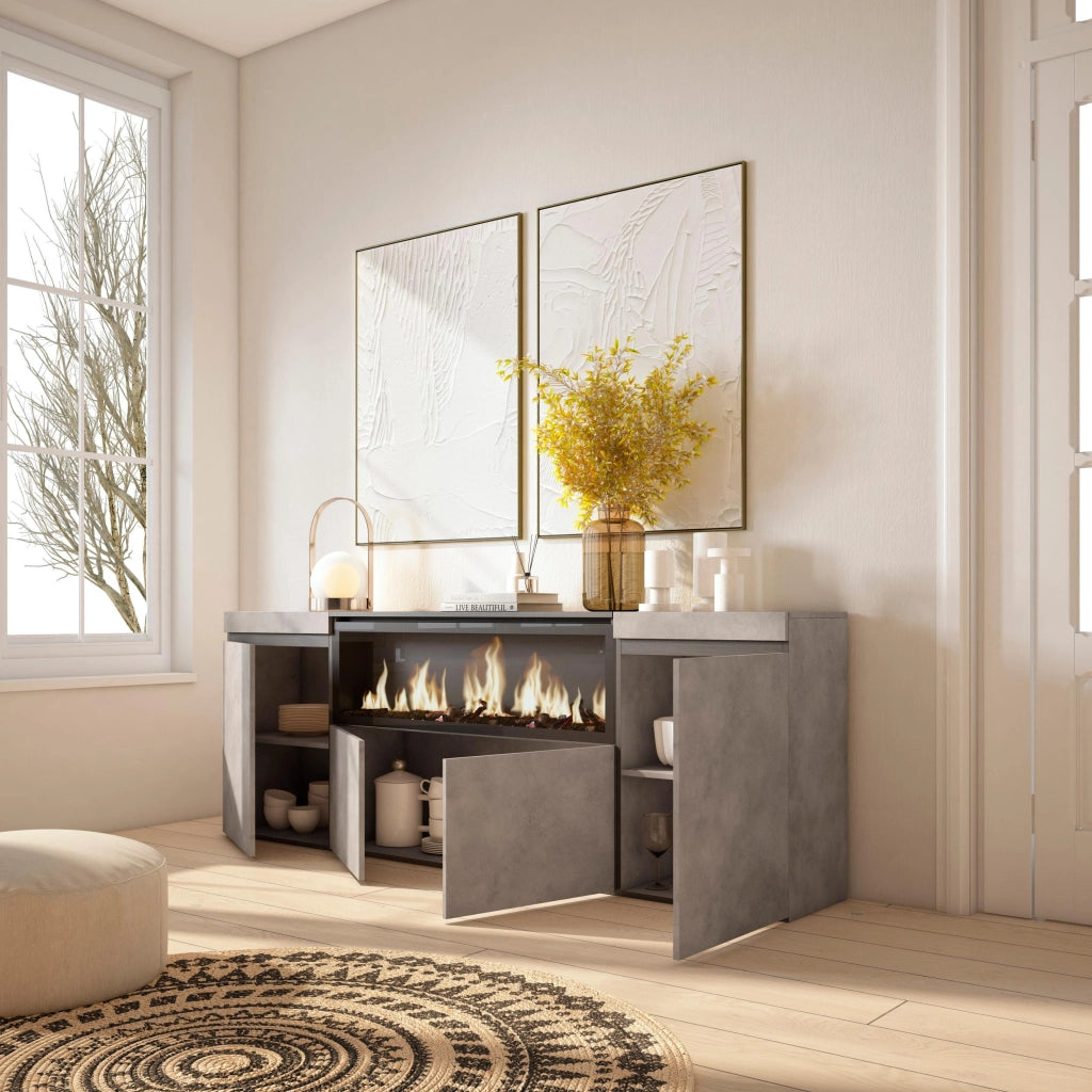 Credenza, Mobile, 208x35x75cm, 4 Porte, Camino elettrico XXL, grigio cemento RF3232