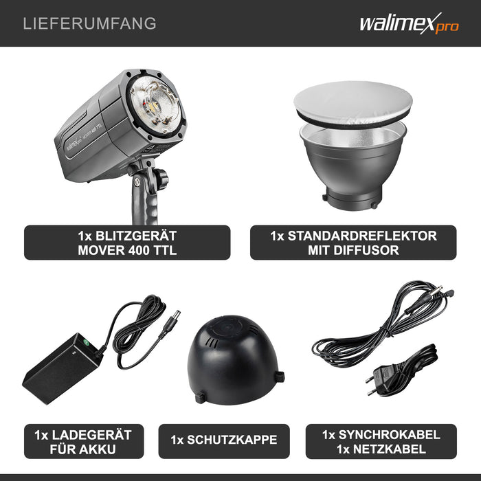 Flash fotografico a batteria Mover 400 TTL, 400 W 1/10000 s, con attacco sagomatori luce, per studio fotografico