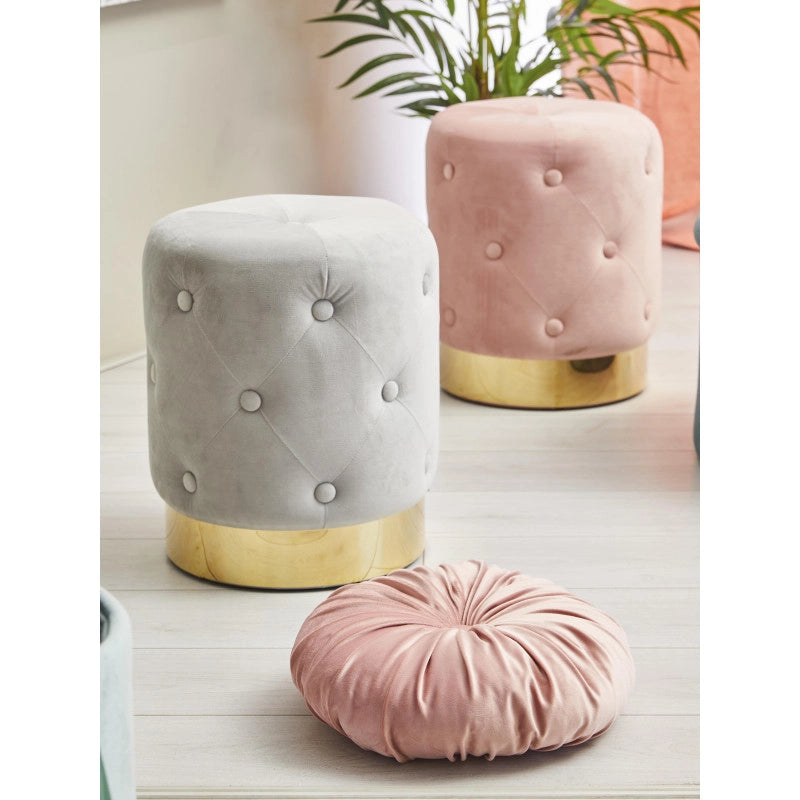 Set di 2 Pouf Anastasia In Velluto Trapuntato Con Base Oro Grigio 35x42