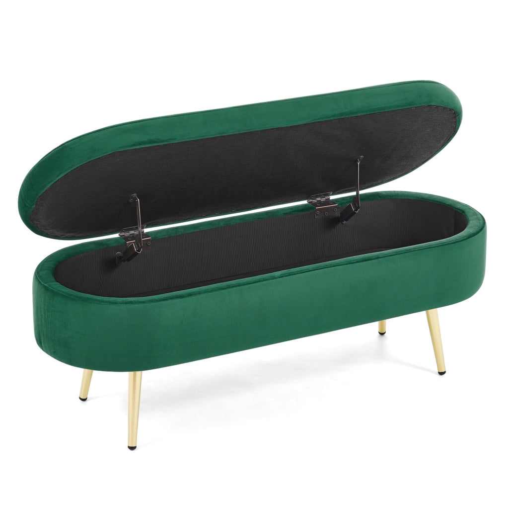 Panca contenitore ovale in velluto verde scuro 110x40x42 cm con base in metallo
