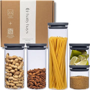 Set di 5 contenitori di stock con coperchi (1 x 1700 ml / 2 x 1000 ml / 2 x 500 ml) Contenitori di stock duraturi in vetro di borosilicato Stoviglie lavatrici a vapore compatibili Struttura BPA libera e cucina ordinata