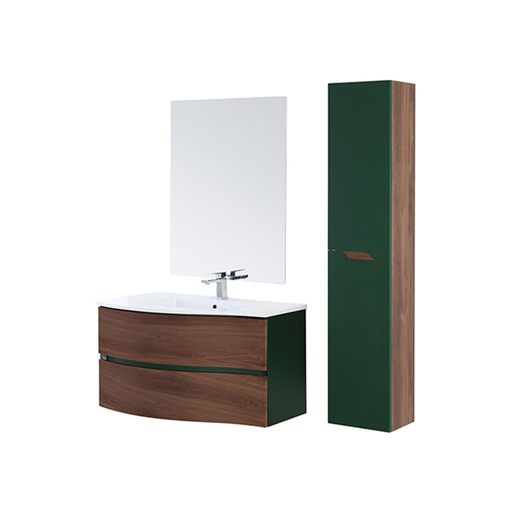Mobile Bagno Sospeso Curvo Noce Verde Composizione Lavabo Specchio Minori