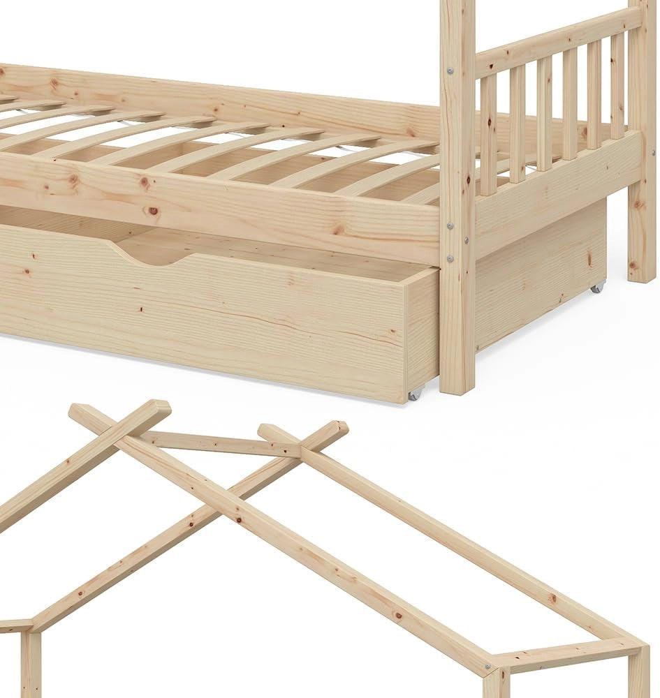 Letto montessori bambini Design, Legno naturale, 90x200 cm con 2 cassetti, con sponda anticaduta e rete a doghe per un sonno sicuro