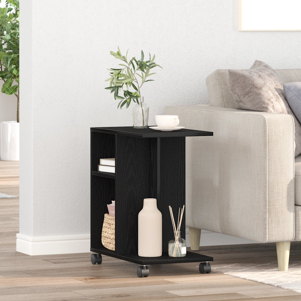 Tavolino con Ruote Nero Rovere 50x30x55 cm in Legno Ingegnerizzato