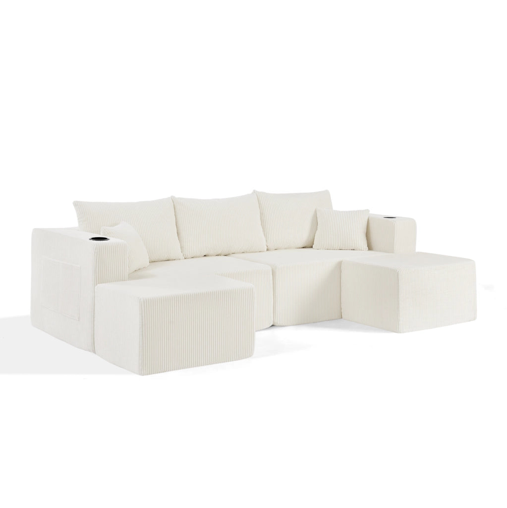 Divano angolare modulare a 3 posti con pouf mobili; tessuto a coste beige