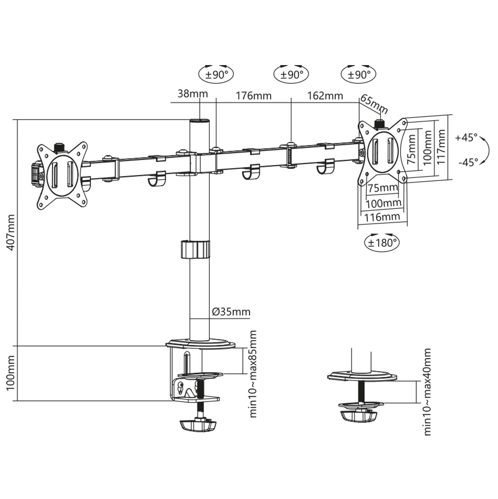 Toboli Postazione doppio monitor, Supporto per 2 schermi max 32", conforme a VESA 75/100