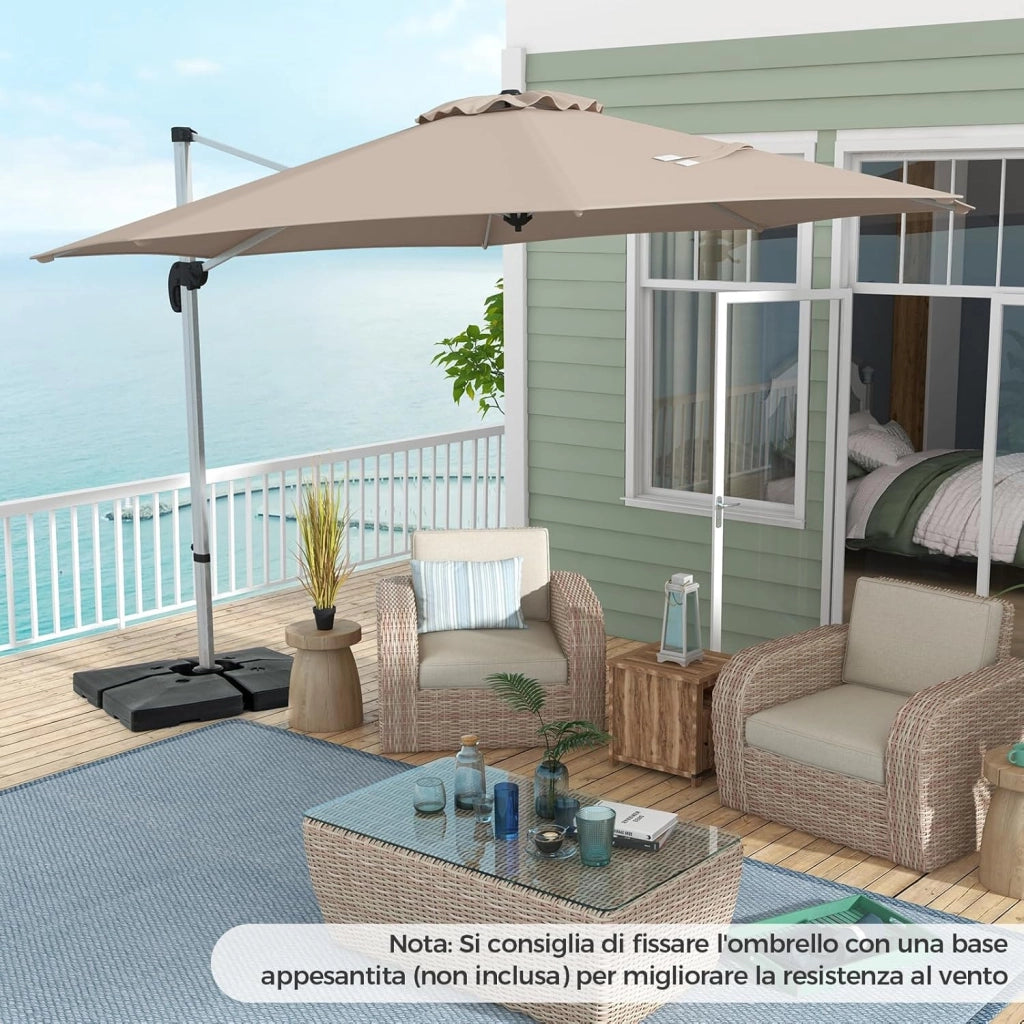 Ombrellone da Giardino 339 cm, Ombrello da Giardino Rotondo con Rotazione a 360°, Ombrellone da Giardino Inclinabile con Base, Ombrello da Sole per Giardino, Patio (Beige)