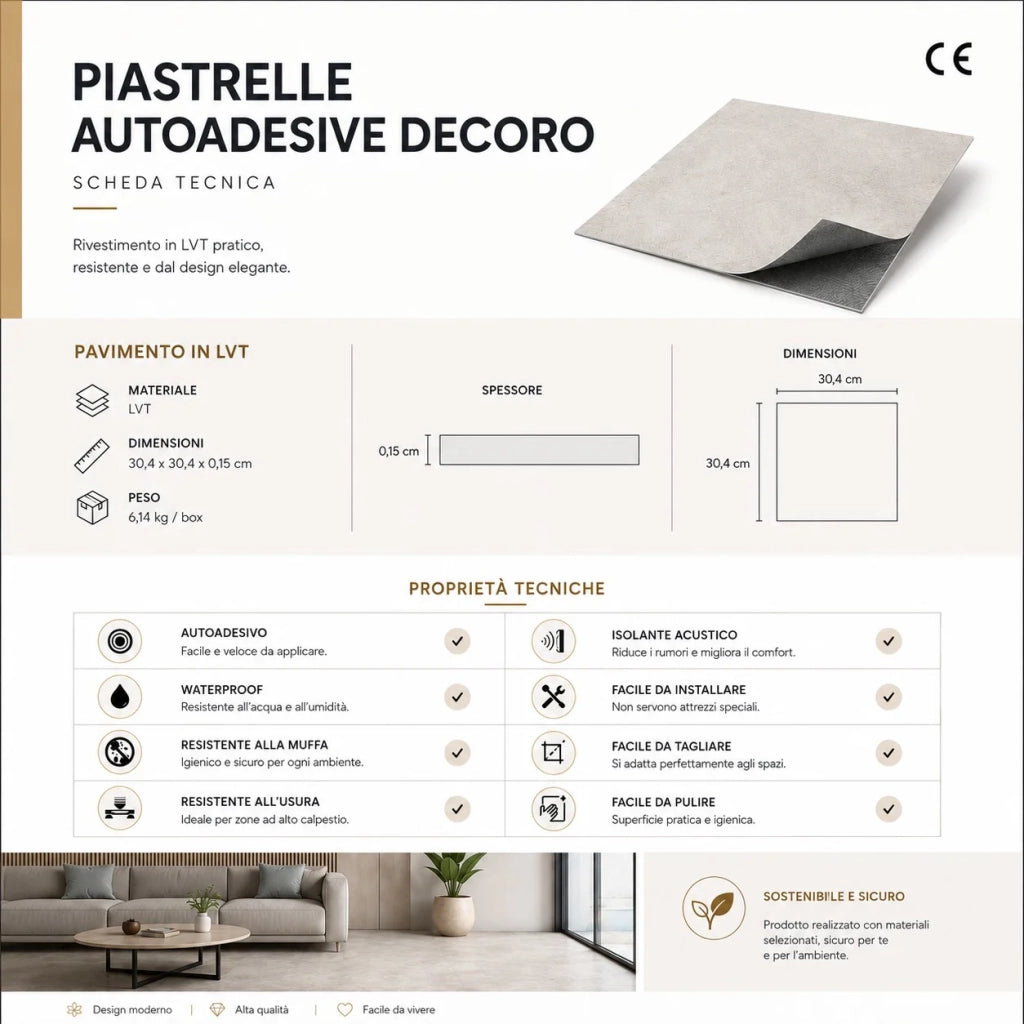 Piastrelle Autoadesive PVC Divina Home Effetto Marmo Beige, Set 22 Pz per 2 mq, Spessore 0,15 cm, 30,4x30,4 cm - Design Moderno e Versatile