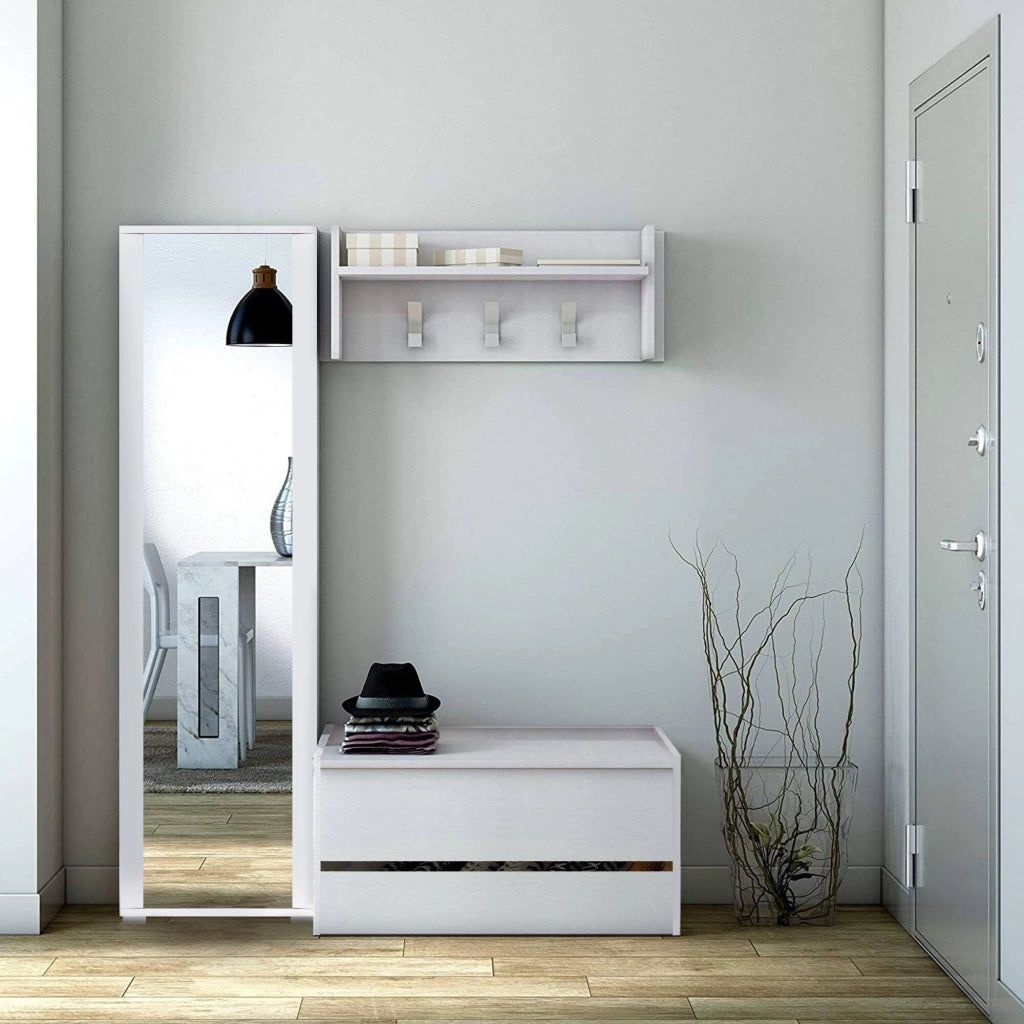 Mobile da ingresso Actinolite, Entratina moderna con appendiabiti, Mobile con scarpiera, Armadietto multifunzione, Cm 50x32h182, Bianco