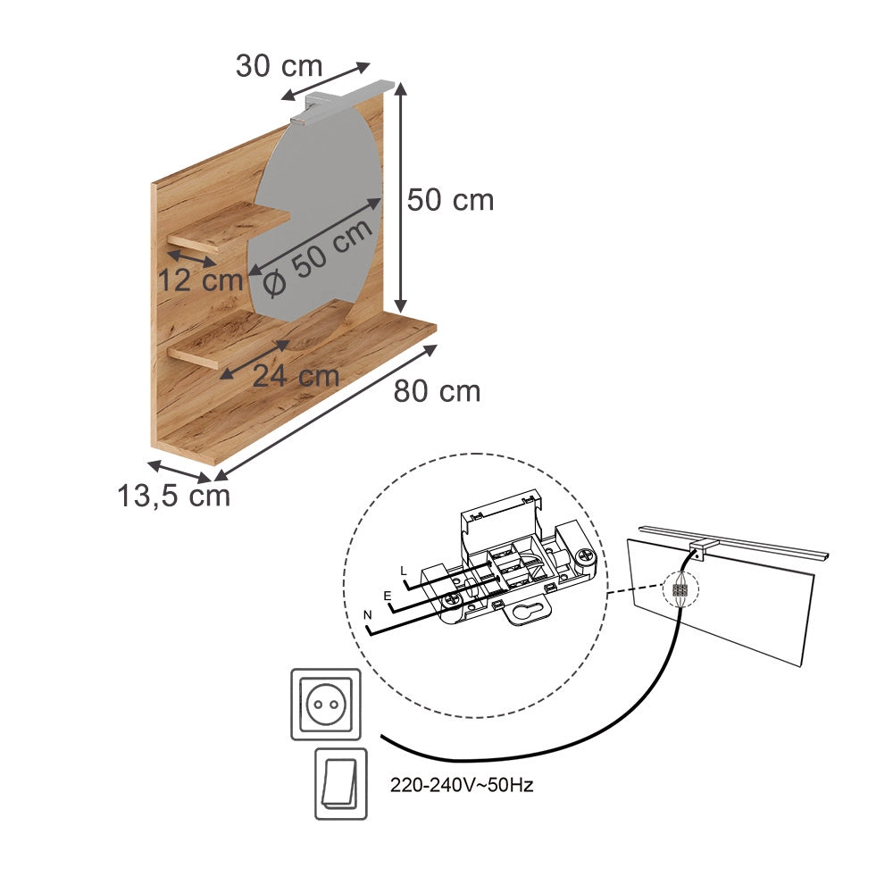 Vicco Specchio con mensola Rovere 80 x 50 cm con 3 scomparti aperti