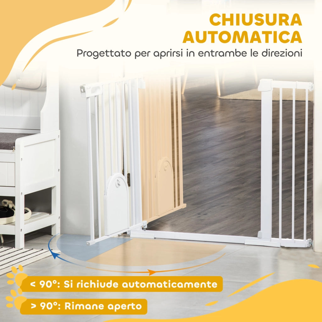 Cancelletto per Cani Estensibile con Porta a Chiusura Automatica, in Metallo e ABS, 75-131x76 cm, Bianco