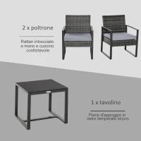 Set da Giardino in Rattan 3 pezzi, 2 Poltrone con Cuscino e Tavolino, Grigio
