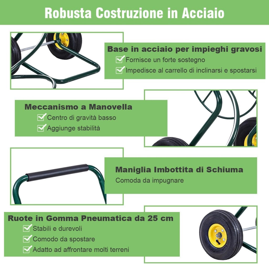 Carrello Avvolgitubo da Giardino, Carrello per Tubo di Irrigazione in Metallo con 2 Ruote Pneumatiche di Grandi Dimensioni, per Giardino e Cortile, 71 x 53 x 96,5 cm