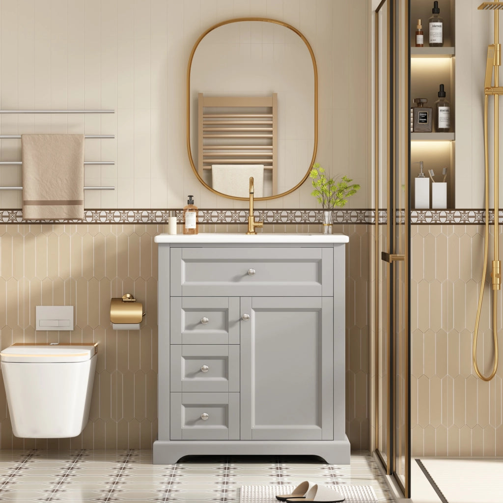Mobile sottolavabo con lavabo in ceramica, 1 anta, 3 cassetti e ripiani, per bagno, grigio, 76 × 46 × 87 cm