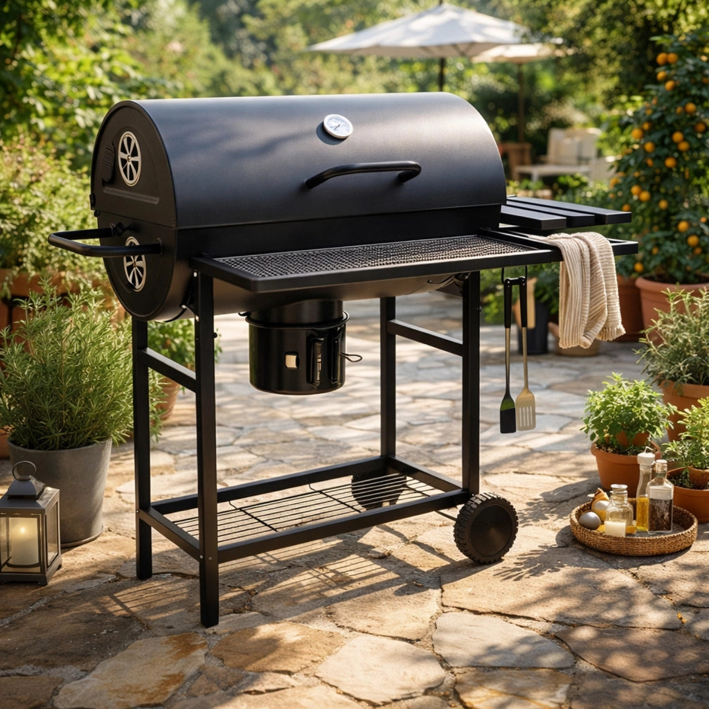 Barbecue A Carbone Con Coperchio Termometro Integrato Grill BBQ In Acciaio Nero