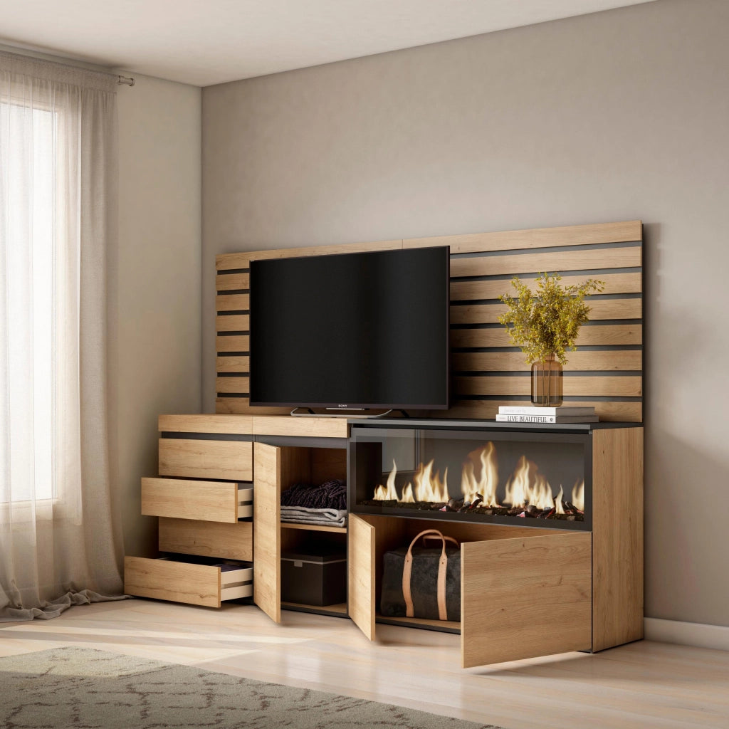Credenza, 214x35x145cm, Camera da letto, Camino elettrico XXL, Cassettiera, colore Rovere RF3419