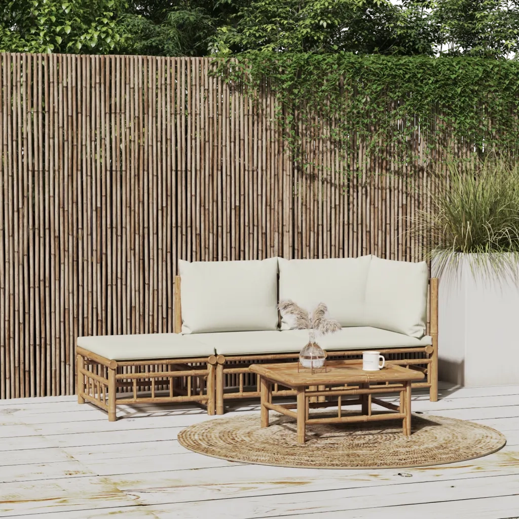 Set Salotto da Giardino 3pz con Cuscini Bianco Crema in Bambù 3155204
