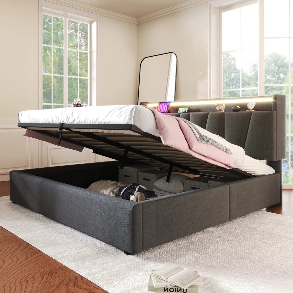 Letto imbottito con USB LED 140x190 cm lino grigio