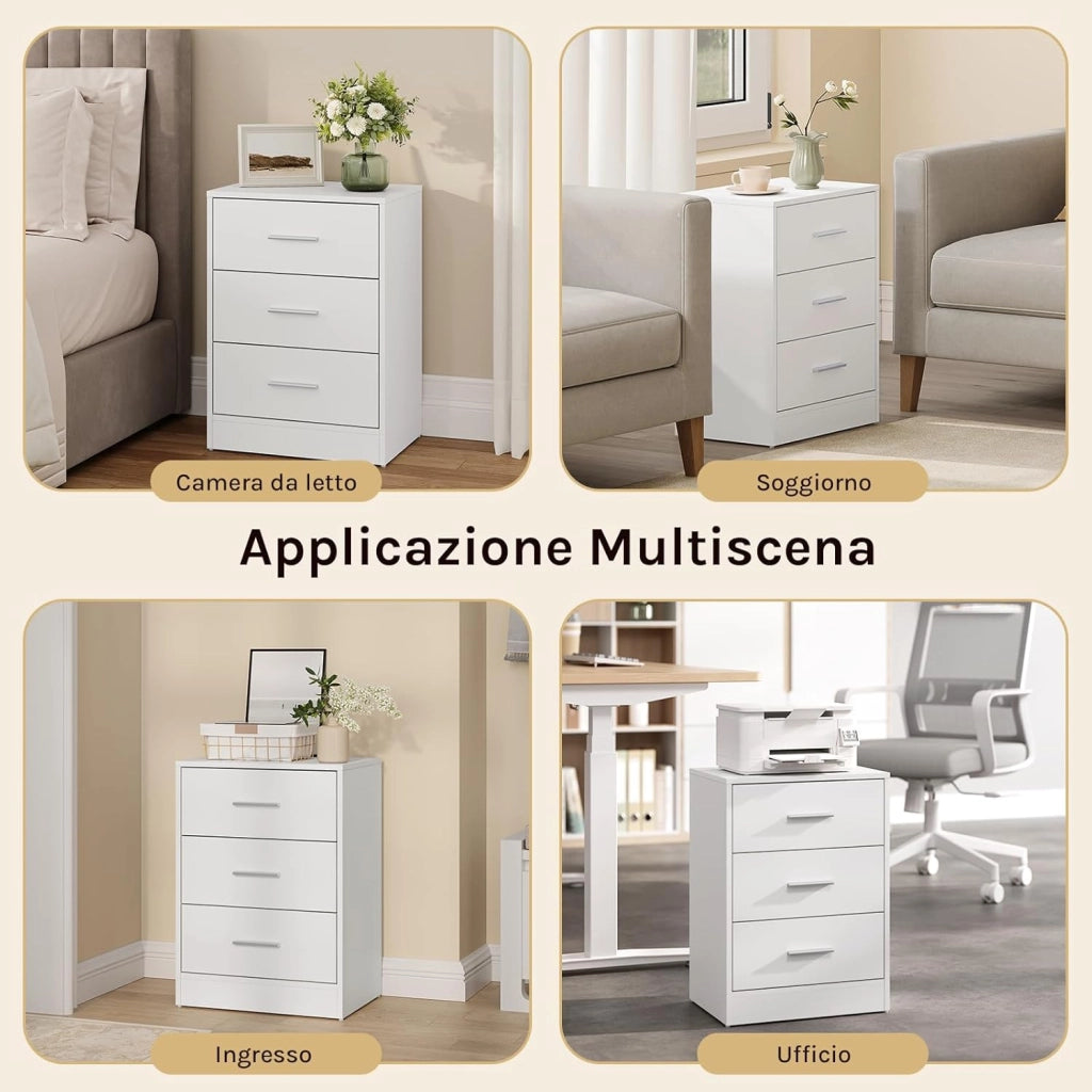 Set di 2 Comodini Moderni con 3 Cassetti, Grande Capacità, Tavolino da Letto per Camera da Letto, Soggiorno e Ufficio, 39x28x54cm, Bianco, NTS26hei-2