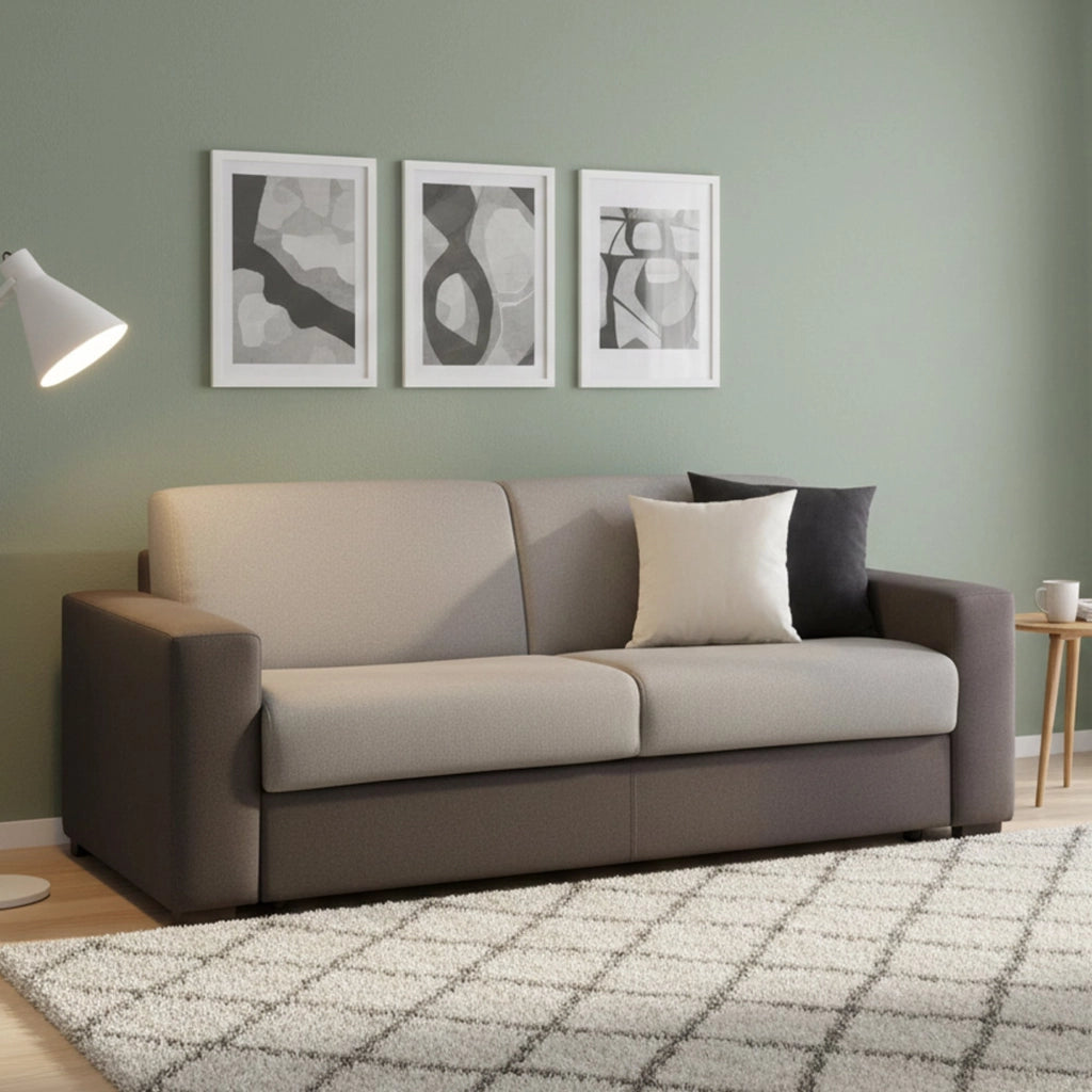 Divano Letto Asimi, Divano a 2 posti, Made in Italy, SofÒ  Soggiorno con apertura girevole, in tessuto imbottito, con Braccioli standard, cm 180x95h90, Grigio e Antracite