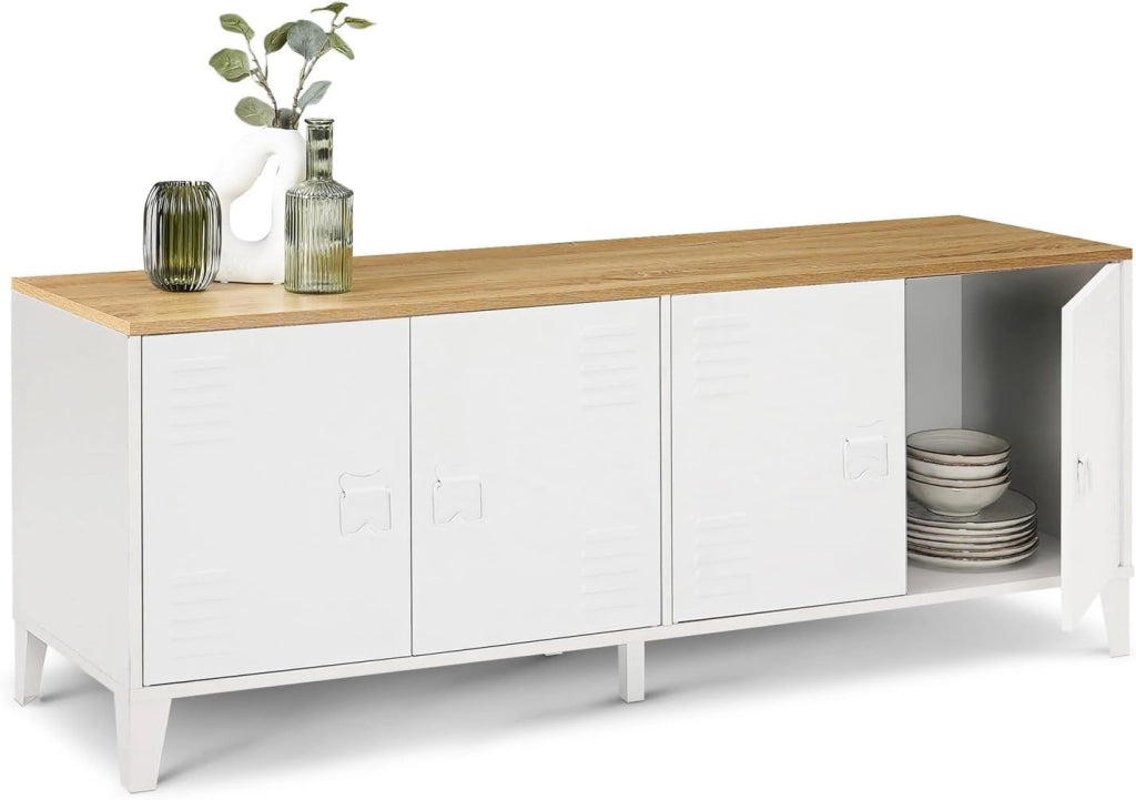 Credenza bassa ESTER 140 cm con 4 ante in metallo bianco e piano in legno dal design industriale
