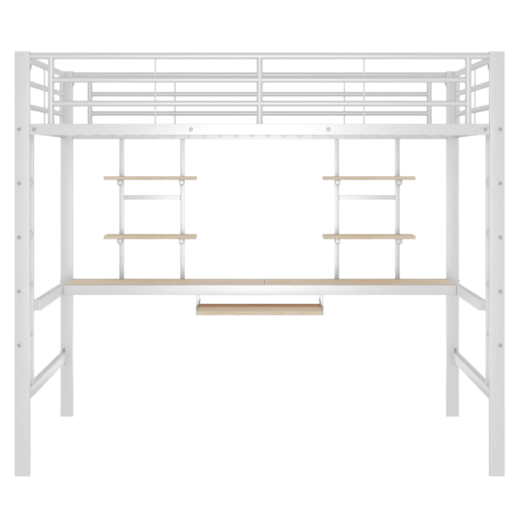 Letto a soppalco 140x200 cm con scrivania e scaffali in metallo e MDF bianco