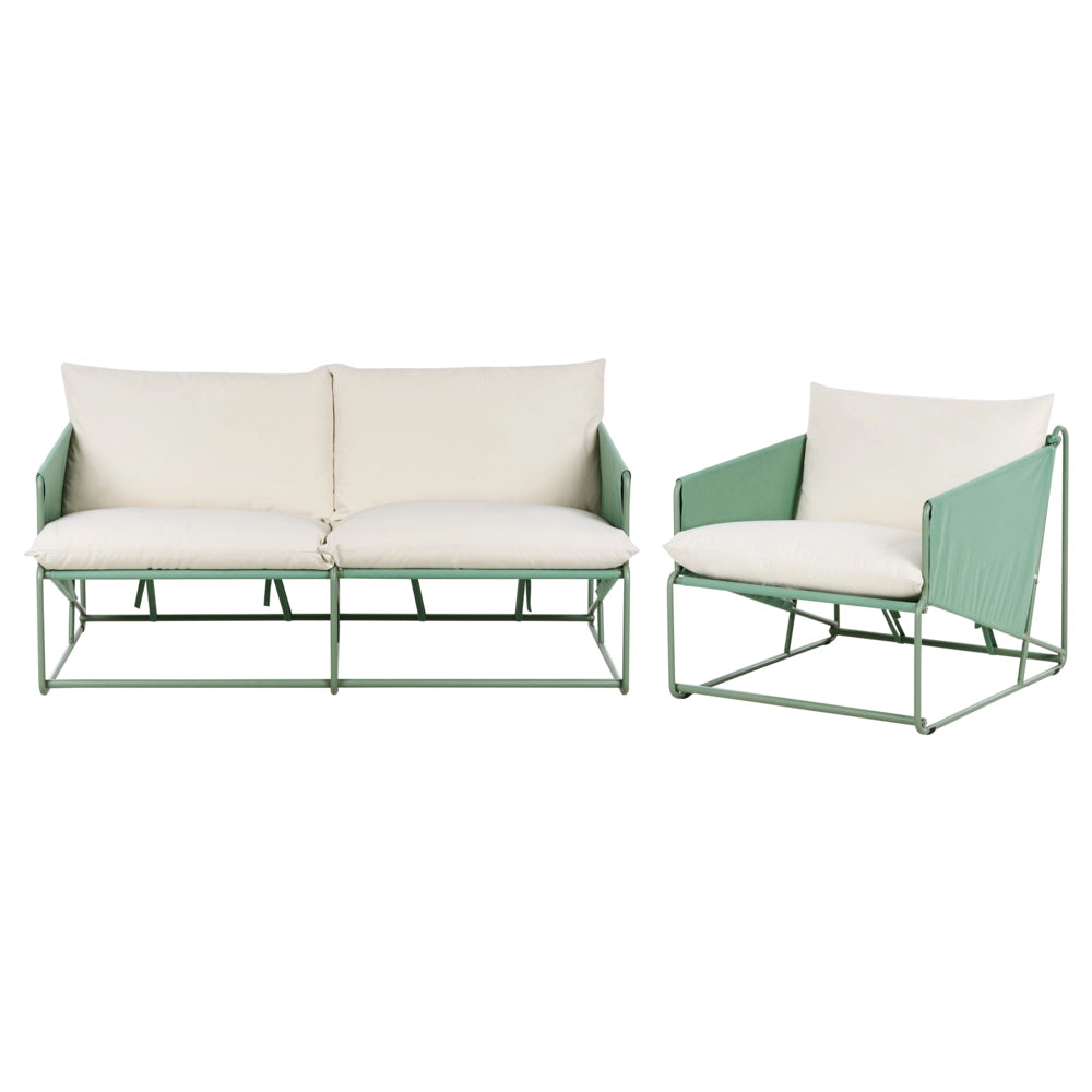 Set divano e poltrona bassi oversize in metallo con cuscini schienale e seduta Arredamento da interno ed esterno Giardino verde