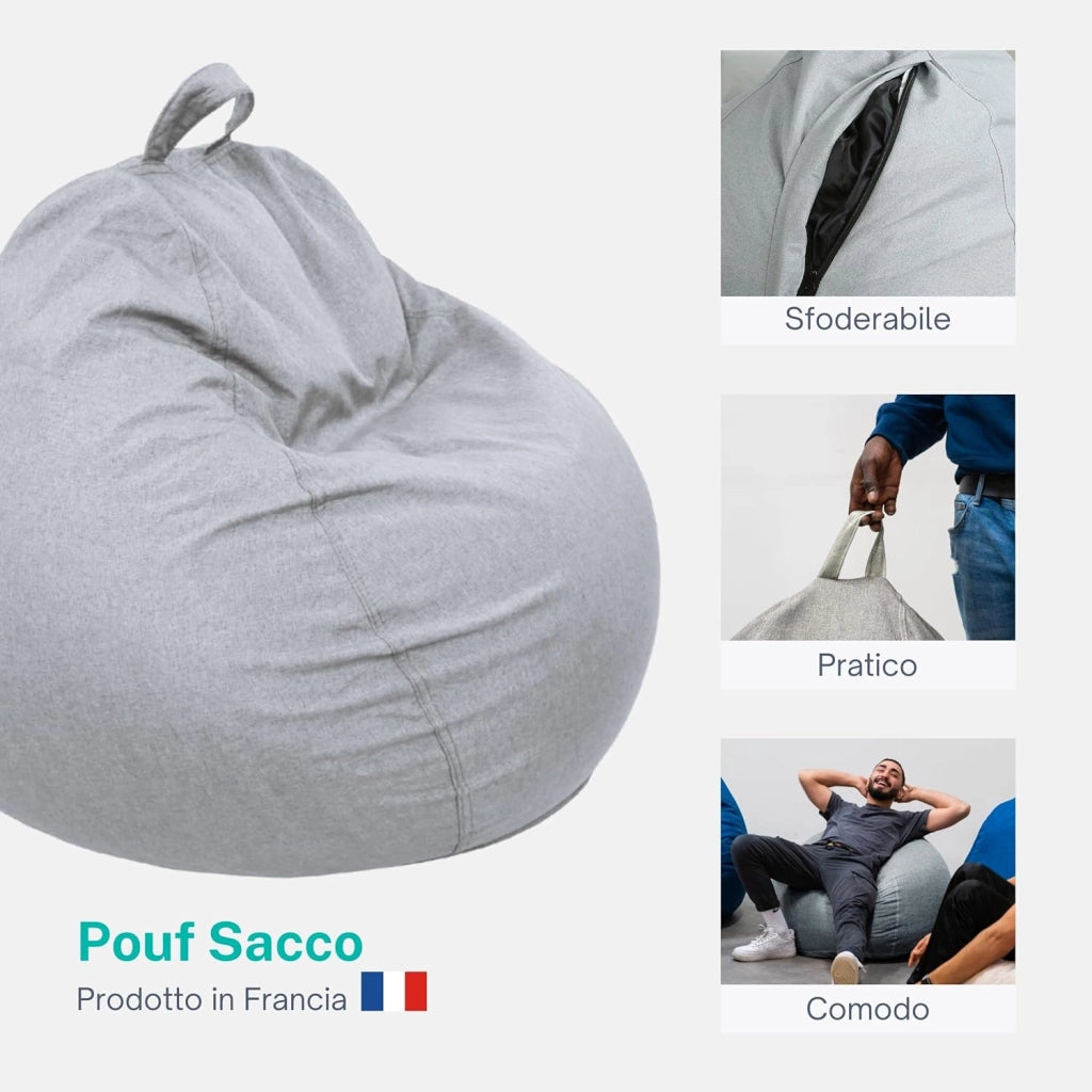 Pouf Poltrona Sacco con Imbottitura in Schiuma - Morbido e Confortevole - Fodera Lavabile - Pratico e Facile da Trasportare - Pouf Sacco per Tutta la Famiglia (120x100 cm, Grigio Chiaro)