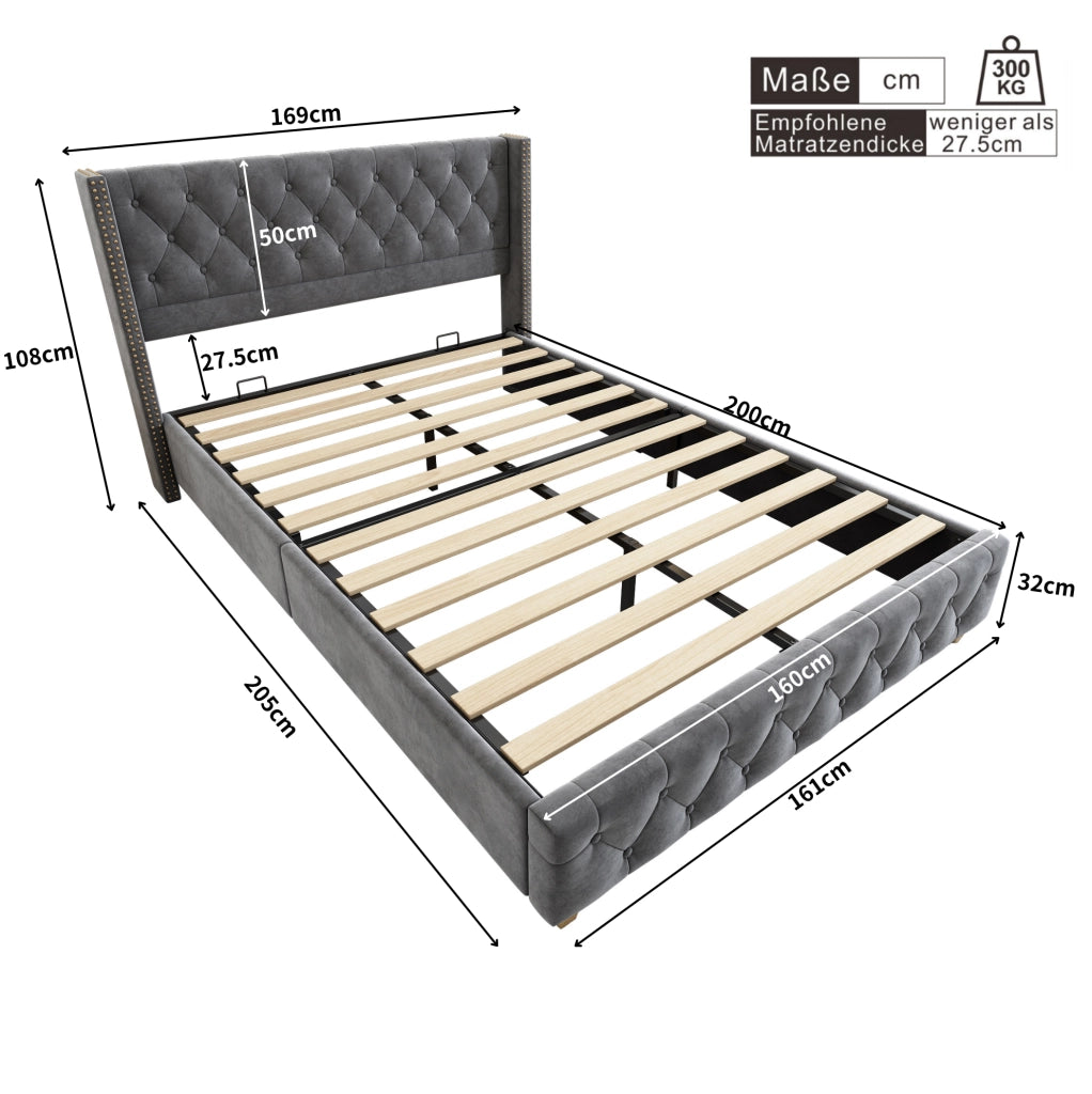 Letto imbottito 160x200 cm in velluto grigio con testiera e rete a doghe