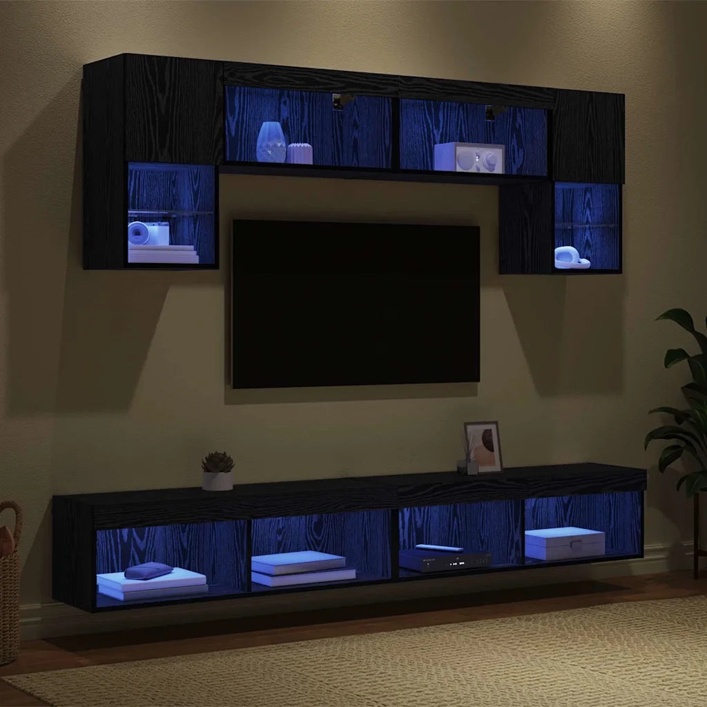 Unità a muro per TV con LED 6 pcs Rovere Nero Legno multistrato 3402964
