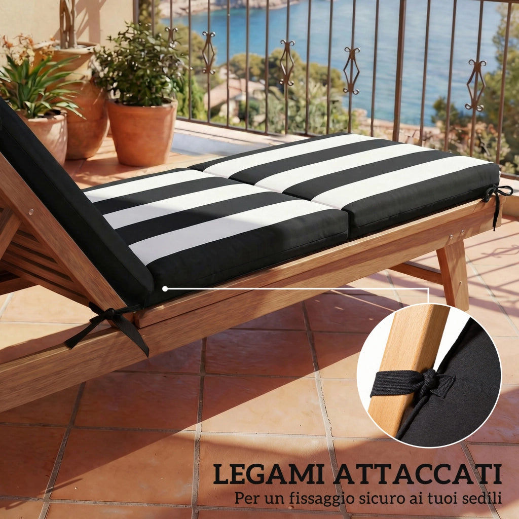 Set 2 Cuscini per Sedie da Esterno con 6 Lacci di Fissaggio, in Cotone, 183x54x6.5 cm, Nero e Bianco