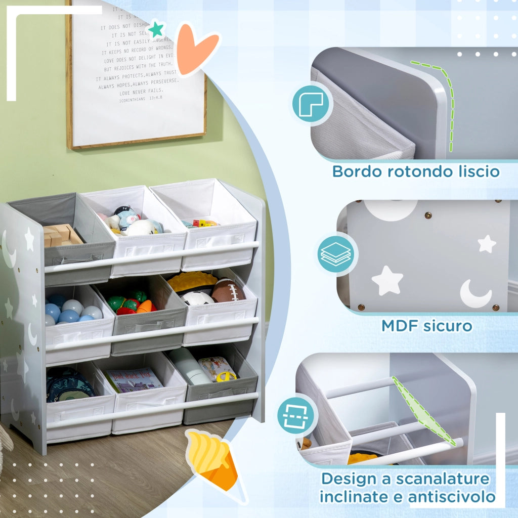 Mobiletto Portagiochi con 9 Cestini Rimovibili in MDF e Tessuto, 63x30x60cm, Grigio e Bianco