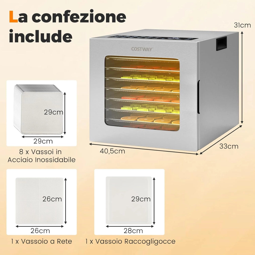 Essiccatore Alimentare con 8 Vassoi in Acciaio Inox, 850W Disidratatore Alimentare on Timer 48 Ore, Controllo Temperatura 35℃-75℃, per Frutta, Verdura e Carne