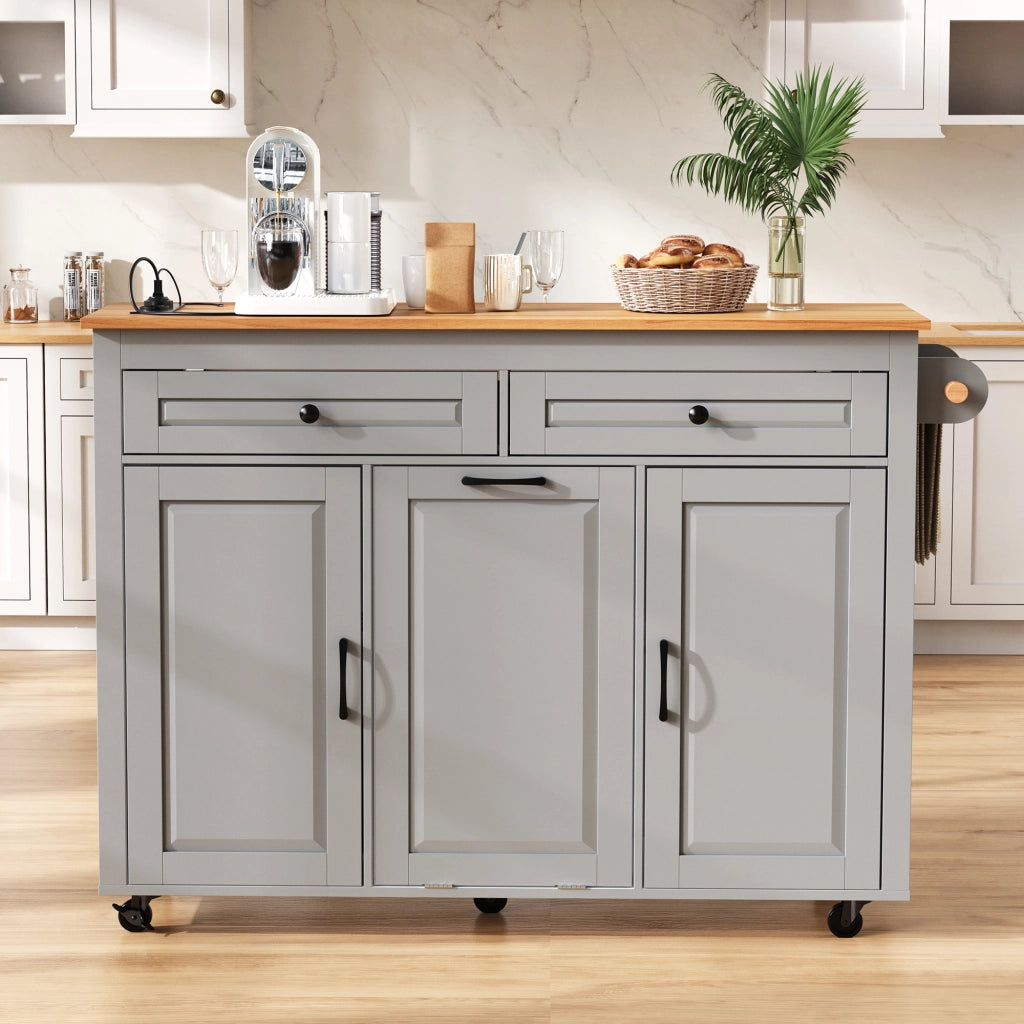 Carrello da Cucina con 2 Ante; Ripiani Regolabili; Piano Estensibile; Prese e Vano Pattumiera; per Cucina; in MDF; 120 x 40-75 x 92 cm; Grigio
