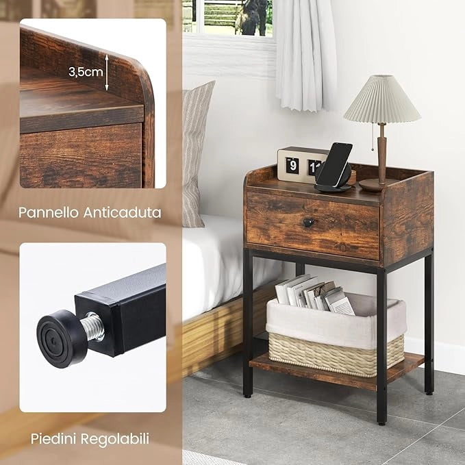 Comodino Camera da Letto 42 x 30 x 60cm in Metallo con Cassetto, Comodino con Ripano Aperto, Tavolino con Piedini Regolabili, per Ufficio e Soggiorno